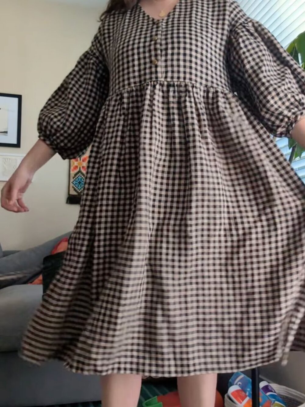 Not Perfect Linen - Montmartre Dress, Mid Sand Gingham, Size M/L - Picture 5 of 6